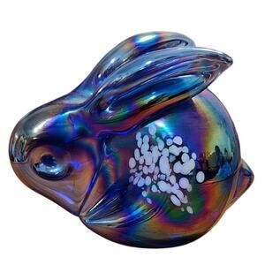 Davar Originals Glass Rabbit Paperweight, Iridescent Blue/White, Vintage